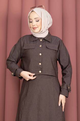 Apolet Detaylı Elbise - Ceket Kot İkili Takım Kahve - Thumbnail