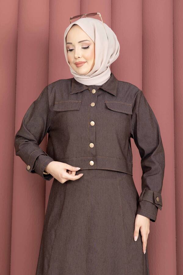 MD - Apolet Detaylı Elbise - Ceket Kot İkili Takım Kahve (1)