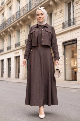 Apolet Detaylı Elbise - Ceket Kot İkili Takım Kahve