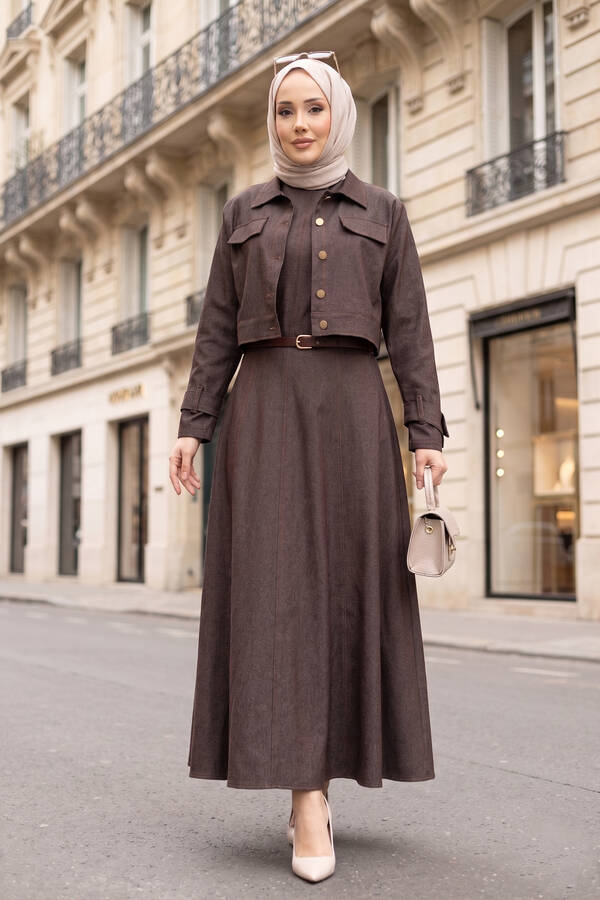 MD - Apolet Detaylı Elbise - Ceket Kot İkili Takım Kahve