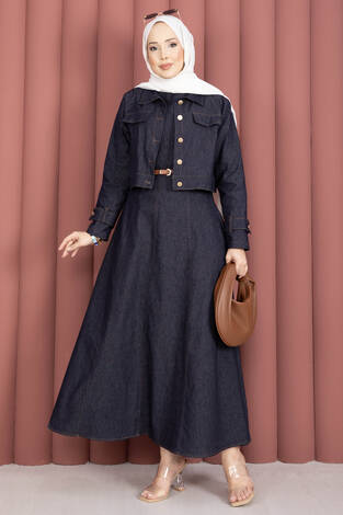 Apolet Detaylı Elbise - Ceket Kot İkili Takım Lacivert - Thumbnail