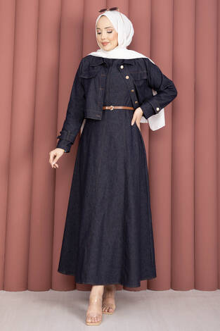 Apolet Detaylı Elbise - Ceket Kot İkili Takım Lacivert - Thumbnail