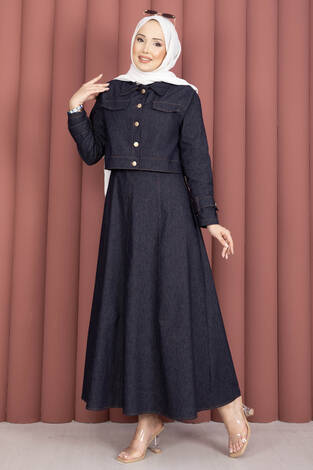 Apolet Detaylı Elbise - Ceket Kot İkili Takım Lacivert - Thumbnail