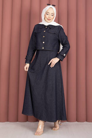 Apolet Detaylı Elbise - Ceket Kot İkili Takım Lacivert - Thumbnail