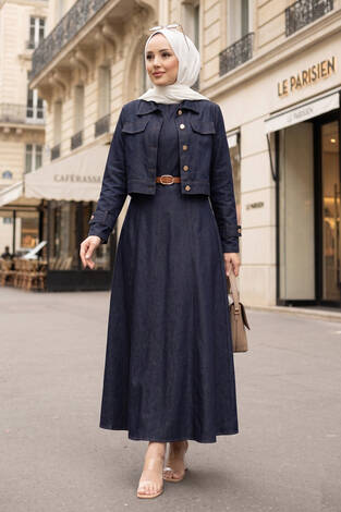 Apolet Detaylı Elbise - Ceket Kot İkili Takım Lacivert