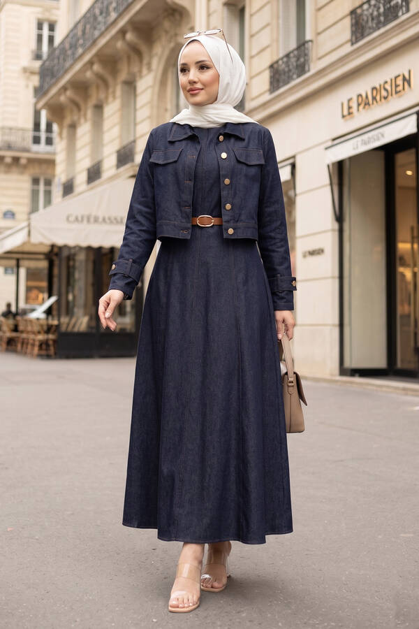 MD - Apolet Detaylı Elbise - Ceket Kot İkili Takım Lacivert