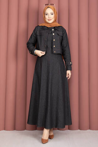 Apolet Detaylı Elbise - Ceket Kot İkili Takım Siyah - Thumbnail