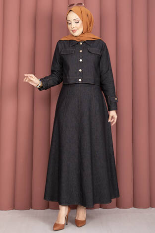 Apolet Detaylı Elbise - Ceket Kot İkili Takım Siyah - Thumbnail