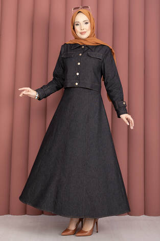 Apolet Detaylı Elbise - Ceket Kot İkili Takım Siyah - Thumbnail