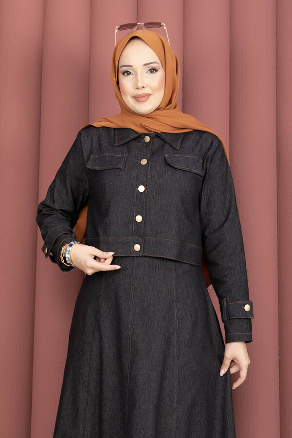 MD - Apolet Detaylı Elbise - Ceket Kot İkili Takım Siyah (1)