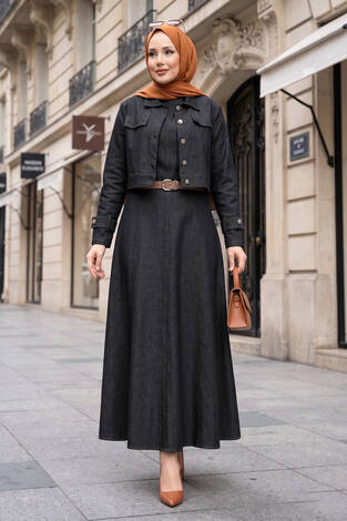 Apolet Detaylı Elbise - Ceket Kot İkili Takım Siyah - Thumbnail