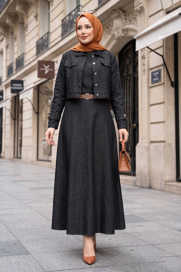 MD - Apolet Detaylı Elbise - Ceket Kot İkili Takım Siyah