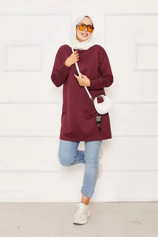 Arma Detaylı Bisiklet Yaka Sweat Tunik Bordo - Thumbnail