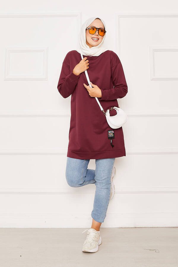 Arma Detaylı Bisiklet Yaka Sweat Tunik Bordo