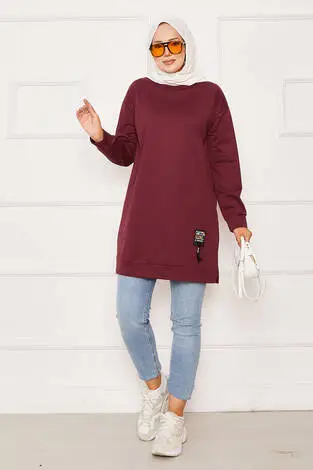 Arma Detaylı Bisiklet Yaka Sweat Tunik Bordo - Thumbnail