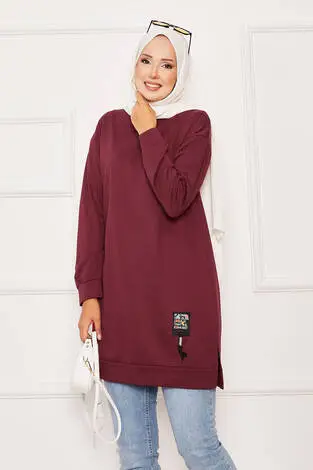 Arma Detaylı Bisiklet Yaka Sweat Tunik Bordo - Thumbnail