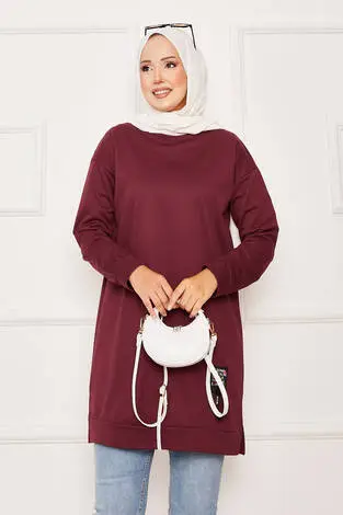 Arma Detaylı Bisiklet Yaka Sweat Tunik Bordo - Thumbnail