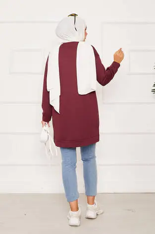 Arma Detaylı Bisiklet Yaka Sweat Tunik Bordo - Thumbnail