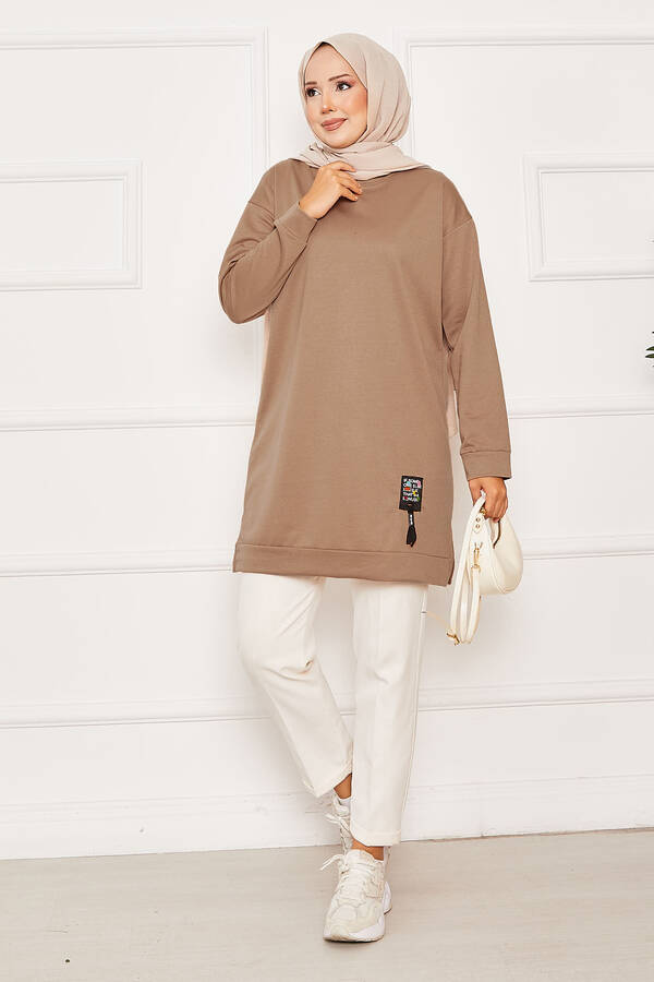 Arma Detaylı Bisiklet Yaka Sweat Tunik Camel