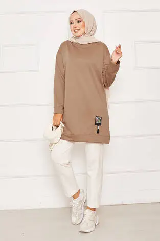 Arma Detaylı Bisiklet Yaka Sweat Tunik Camel - Thumbnail