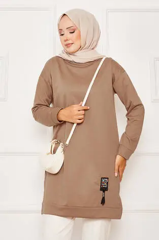 Arma Detaylı Bisiklet Yaka Sweat Tunik Camel - Thumbnail
