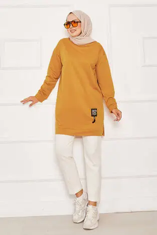 Arma Detaylı Bisiklet Yaka Sweat Tunik Hardal - Thumbnail