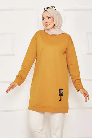 Arma Detaylı Bisiklet Yaka Sweat Tunik Hardal - Thumbnail