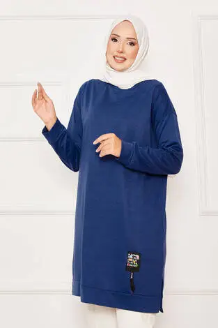 Arma Detaylı Bisiklet Yaka Sweat Tunik İndigo - Thumbnail