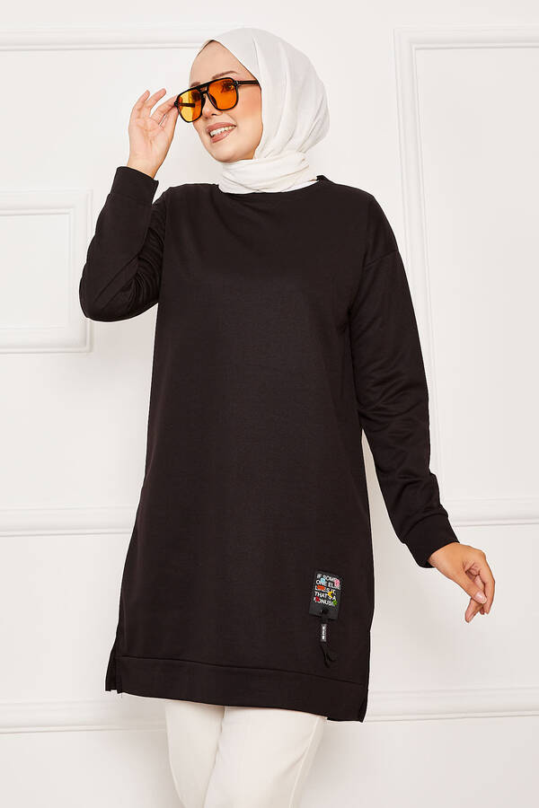 Arma Detaylı Bisiklet Yaka Sweat Tunik Siyah - 3