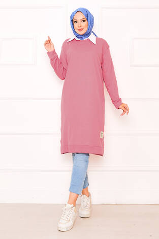 Arma Detaylı Fitilli Tunik Pembe - Thumbnail