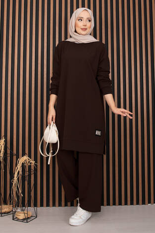 Arma Detaylı Spor İkili Tesettür Takım Kahve - Thumbnail