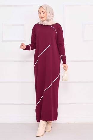 Asimetrik Çizgi Detaylı Tesettür Triko Elbise Bordo - Thumbnail