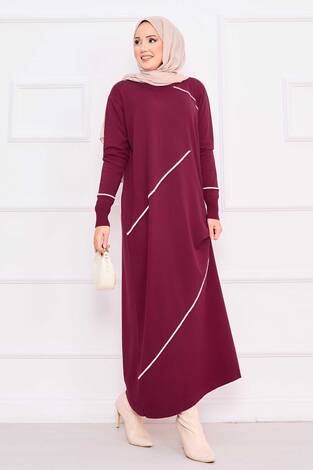 Asimetrik Çizgi Detaylı Tesettür Triko Elbise Bordo - Thumbnail