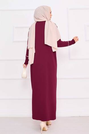 Asimetrik Çizgi Detaylı Tesettür Triko Elbise Bordo - Thumbnail