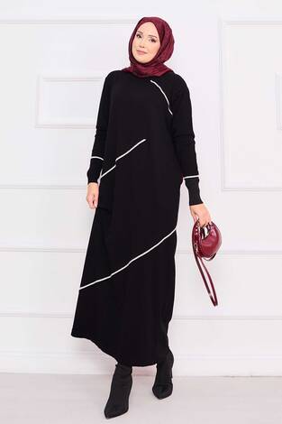 Asimetrik Çizgi Detaylı Tesettür Triko Elbise Siyah - Thumbnail