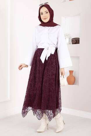Asimetrik Flok Desen Tül Etek Bordo