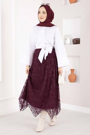 Asimetrik Flok Desen Tül Etek Bordo - Thumbnail