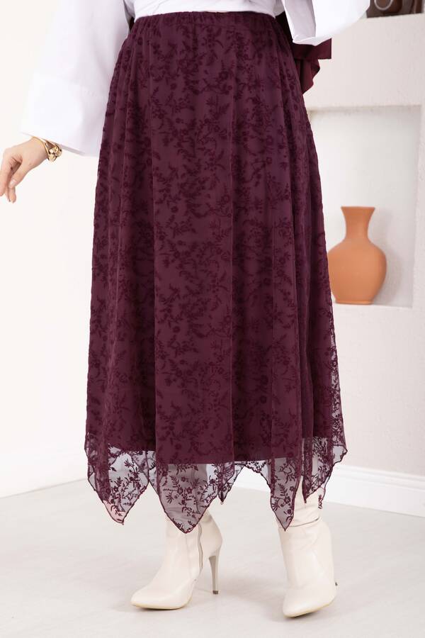Efl - Asimetrik Flok Desen Tül Etek Bordo (1)