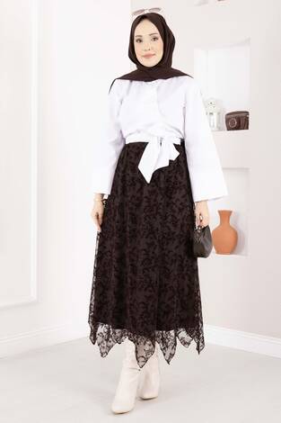 Asimetrik Flok Desen Tül Etek Kahve - Thumbnail