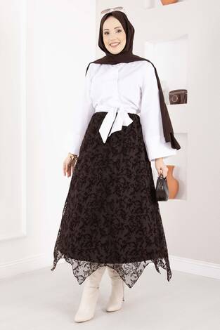 Asimetrik Flok Desen Tül Etek Kahve - Thumbnail