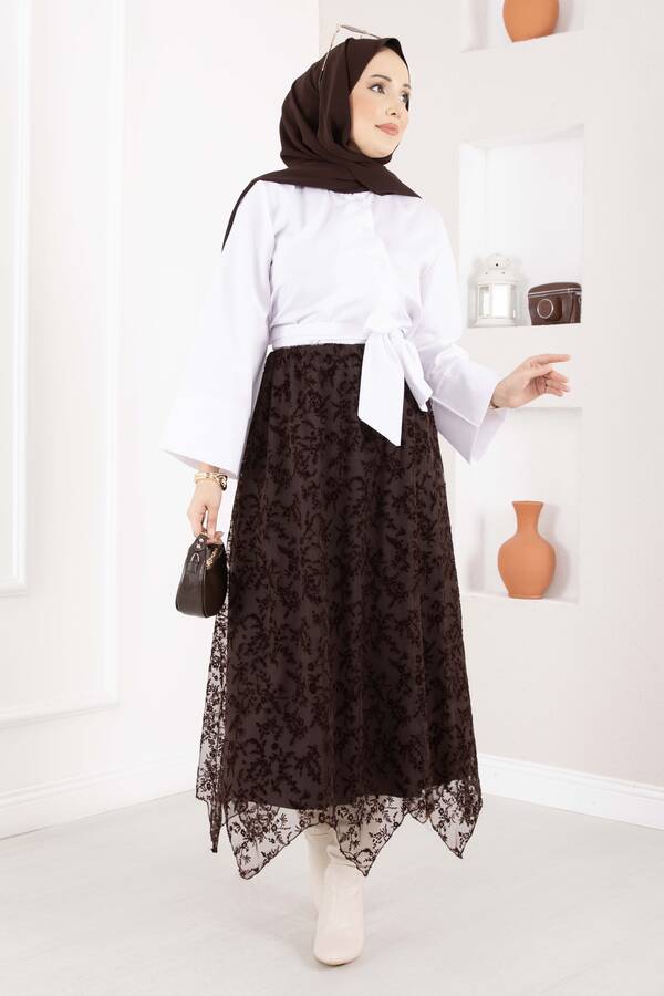 Efl - Asimetrik Flok Desen Tül Etek Kahve