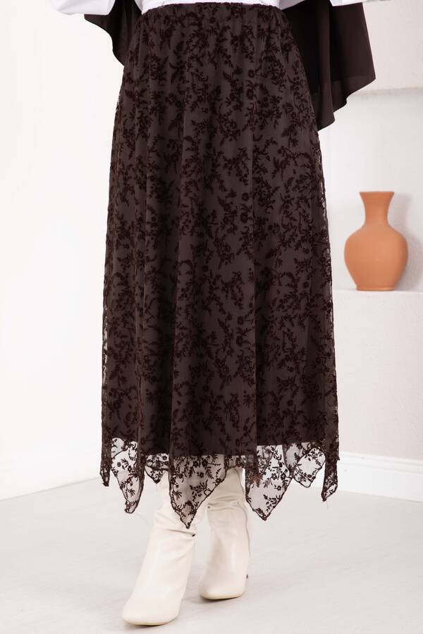 Efl - Asimetrik Flok Desen Tül Etek Kahve (1)