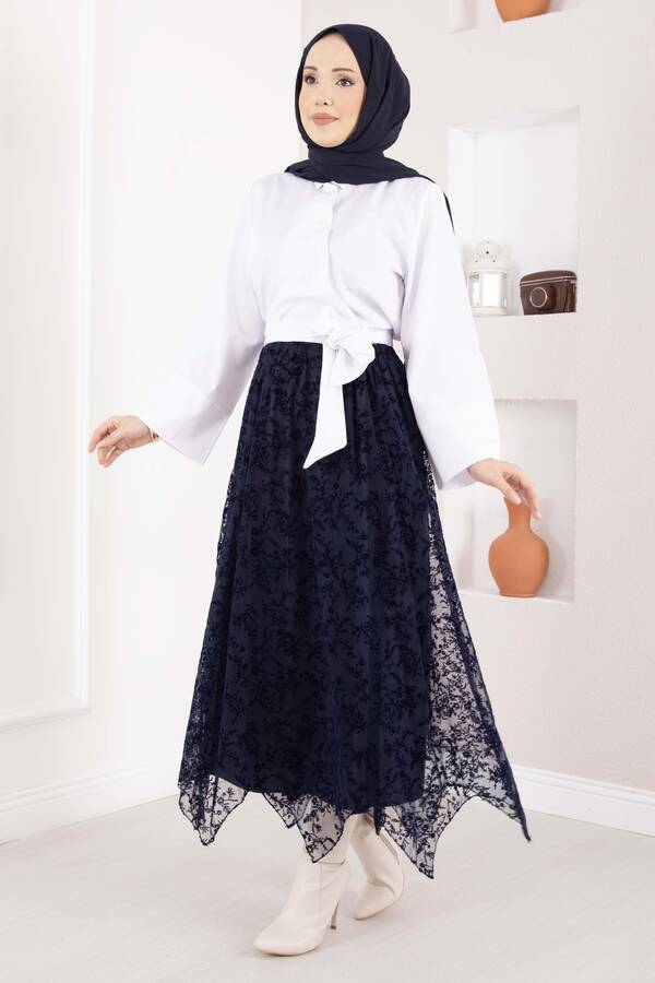 Efl - Asimetrik Flok Desen Tül Etek Lacivert