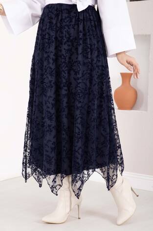 Asimetrik Flok Desen Tül Etek Lacivert - Thumbnail