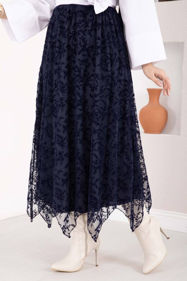 Efl - Asimetrik Flok Desen Tül Etek Lacivert (1)