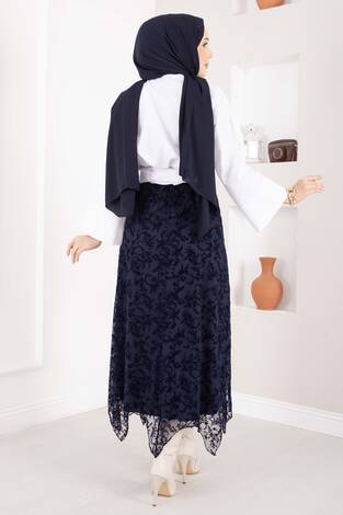 Asimetrik Flok Desen Tül Etek Lacivert - Thumbnail
