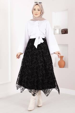 Asimetrik Flok Desen Tül Etek Siyah - Thumbnail