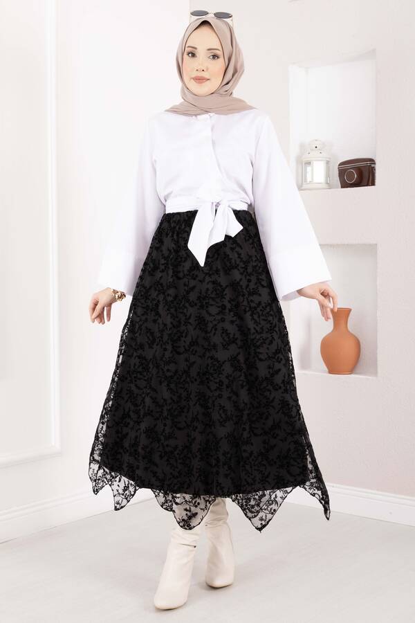 Efl - Asimetrik Flok Desen Tül Etek Siyah