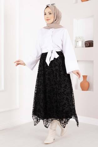 Asimetrik Flok Desen Tül Etek Siyah - Thumbnail