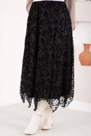 Asimetrik Flok Desen Tül Etek Siyah - Thumbnail